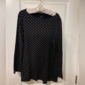 J Jill Pima Black/White Print Top-Round Boatneck-Long Sleeve Top-Sz L